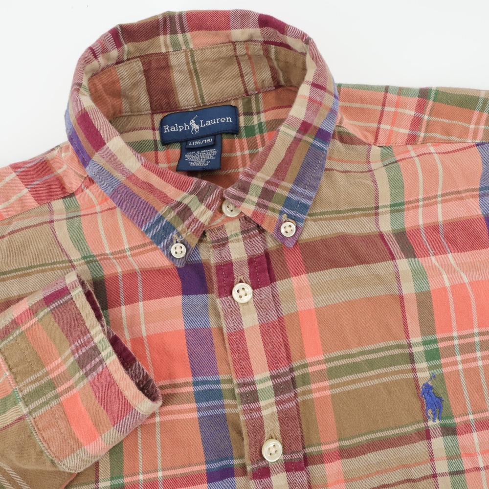 Ralph Lauren Plaid Button Down‎ Shirt Orange Long Sleeve Boys Size L 16 18
